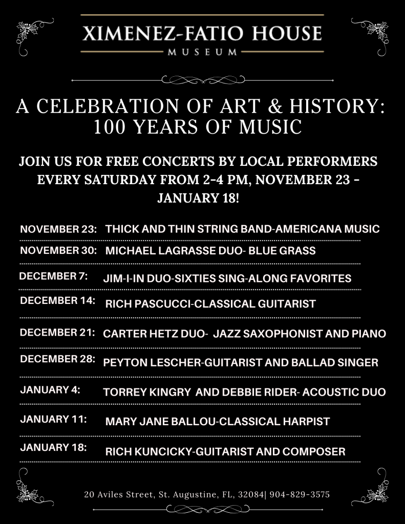 Join us for FREE concerts by local performers every Saturday from 2 PM - 4 PM, November 23rd - January 18th!Performance Lineup:
11/23: Thick and Thin String Band - Americana Music
11/30: Michael Lagrasse Duo - Blue Grass
12/07: Jim-I-In Duo - Sixties Sing-along Favorites
12/14: Rich Pascucci - Classical Guitarist
12/21: Carter Hetz Duo - Jazz Saxophonist & Piano
12/28: Peyton Lescher - Guitarist & Ballad Singer
01/04: Torrey Kingry and Debbie Rider - Acoustic Duo
01/11: Mary Jane Ballou - Classical Harpist
01/18: Rich Kuncicky - Guitarist & Composer