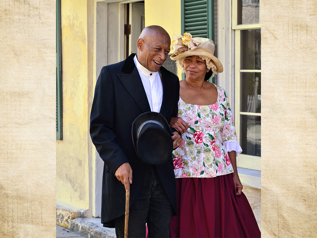 historical reenactment couple strolling together